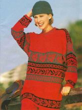 Пуловер цвета огня с черным и еловым