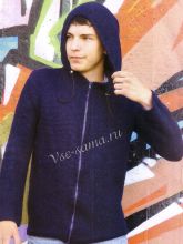 Синий мужской жакет спицами с капюшоном