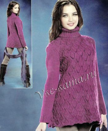 Сиреневый ажурный пуловер спицами, фото