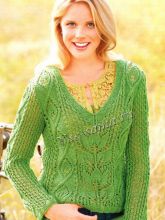 Зелёный пуловер спицами