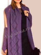 Шапка и митенки спицами и шаль с перьями