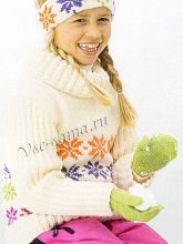 Детский свитер со снежинками и повязка спицами