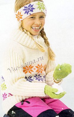Детский свитер со снежинками и повязка спицами