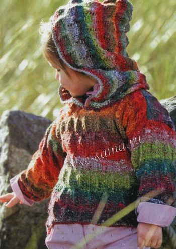 Меланжевый пуловер с ажурным узором и капюшоном, фото