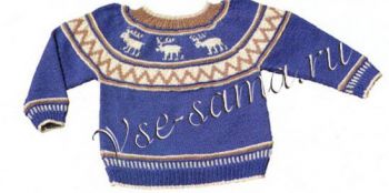Синий норвежский пуловер спицами