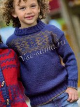 Синий пуловер спицами с орнаментом