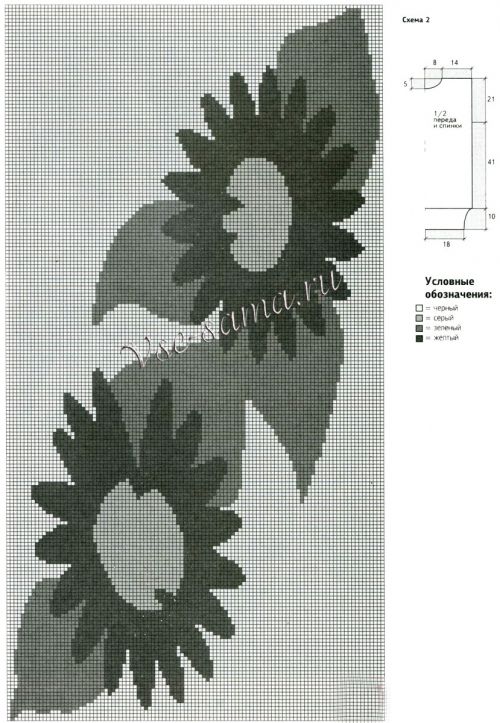 Схема 2 и выкройка для вязания туники с подсолнухами