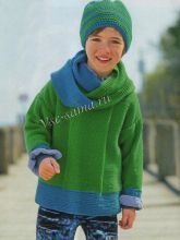 Зеленый пуловер с синей отделкой, шапочка и шарф-петля, фото