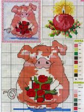 Хрюшка с розами - Схема для вышивания крестиком
